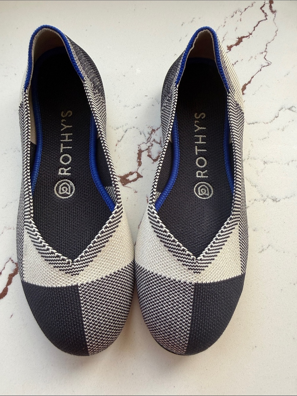 Rothy's Black, White & Blue Trim Patterned Ballet Flats
